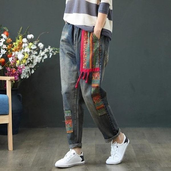 

elastic waist spring autumn womens jeans casual loose high embroidery patchwork denim trousers vintage harem pants, Blue
