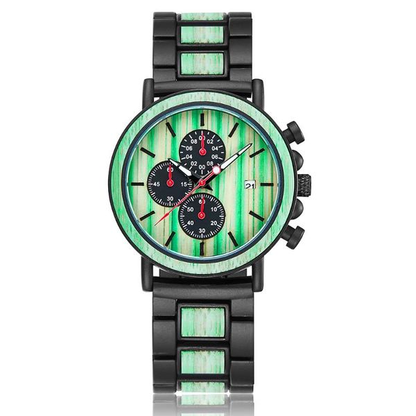 

wristwatches creative green wooden watches alloy & wood combined quartz watch multifunction chronograph dial male sport clock reloj de mader, Slivery;brown