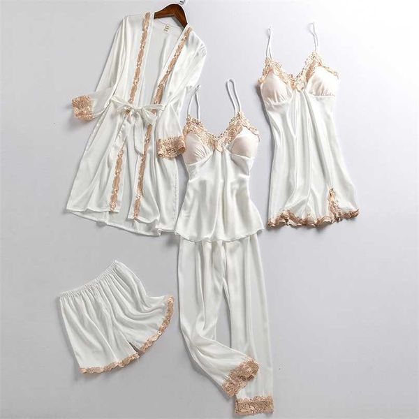 5 PZ Set Pigiama Casual Sleepwear Per Le Donne Kimono In Raso Abito Abito Patchwork In Pizzo Da Notte Primavera Autunno Pigiama Vestito 211112