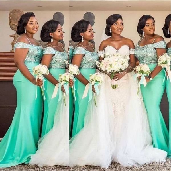 

plus size green bridesmaid dresses 2022 off the shoulder spaghetti straps sparkly silver sequins custom made maid of honor gown country wedd, White;pink