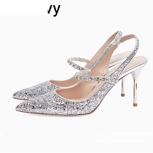 

sandals women high heels runway design crystal sequin glittery pointed toe slingback satin pumps bling stilettos i29l, Black