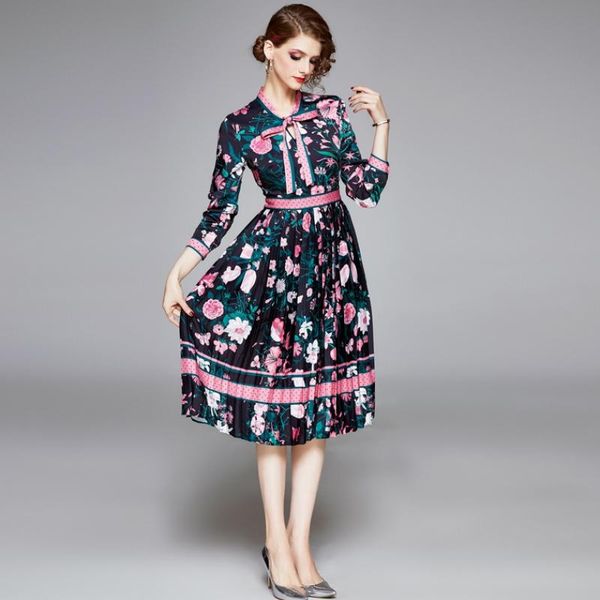 

casual dresses 2021 fashion runway spring dress women's charming polka dot floral print pleated mid vintage bow neck long sleeve, Black;gray