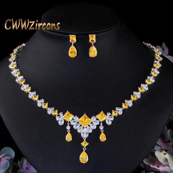 

gorgeous dubai yellow cubic zirconia stone big dangle water drop wedding bridal costume necklace jewelry sets t472 210714, Silver
