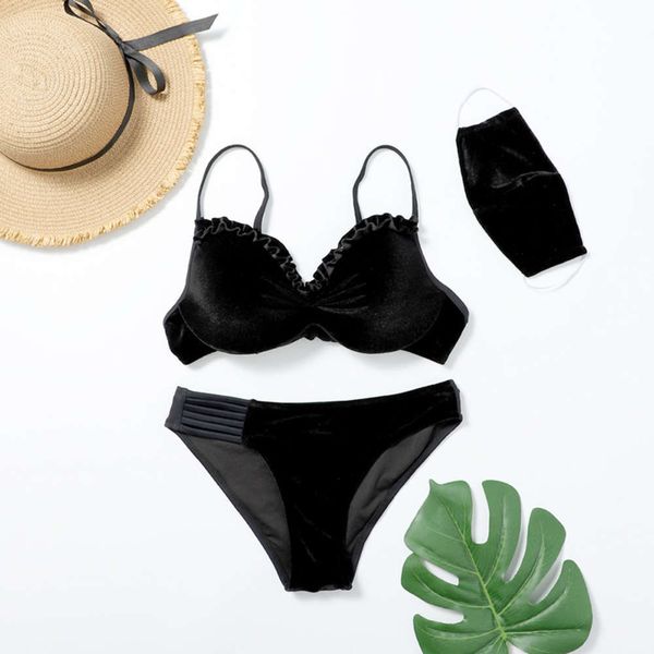 

women's swimwear bikinis three piece bikini swimsuit made of korean velvet fabric itb5, White;black