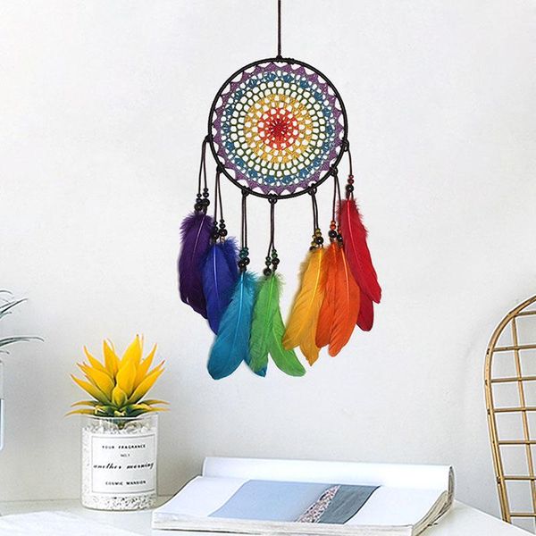 

home decoration rainbow capture dream net handmade circular with feathers for wedding gift car hanging wall ornament decorative objects & fi