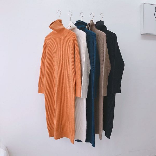 

black turtleneck cashmere knit sweater dress female autumn winter korean oversized loose long bottoming pullovers dress 210420, White;black