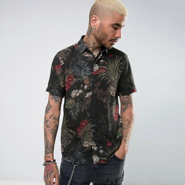 

men's casual shirts e-baihui plus size mens summer floral print slim fit black shirt 3xl l149, White;black