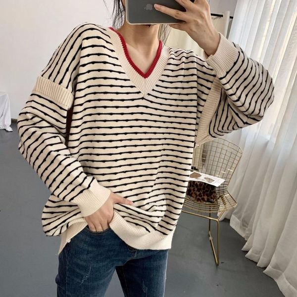 

women's sweaters 2021 autumn and winter v-neck striped sleeves stitching fashion personality casual all-match pullover knitted sweater, White;black