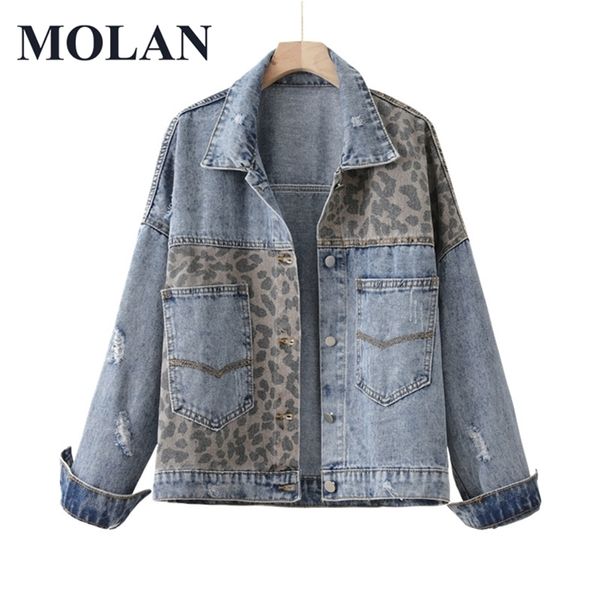 Molan leopardo-print denim jaqueta mulher primavera outono de manga comprida moda jeans casual vintage jean casaco feminino chique outwear top 211112