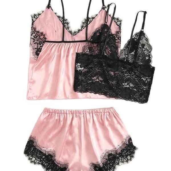 

pink women's suspender split pajamas 3-piece underwear, Black;white