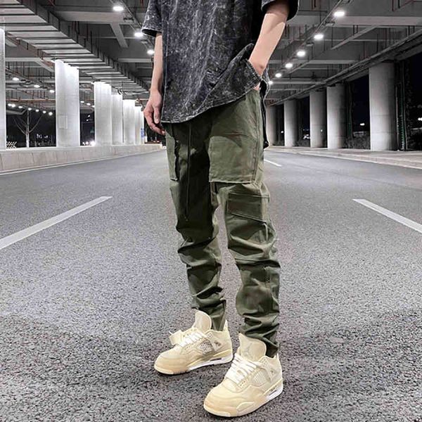 

high street drawstring multi-pockets cargo pants mens straight loose casual overalls oversize baggy trousers, Black