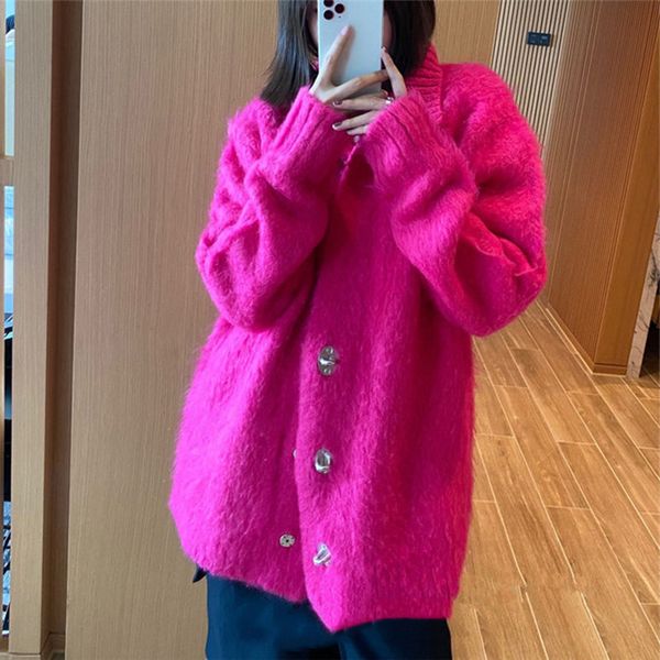 

sweaters women's metal lock design lapel knitted lazy rose red sweater cardigan women, White;black