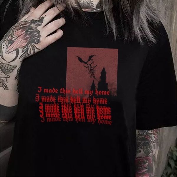 

made hell my home women gothic t shirt grunge style aesthetic satanic graphic tee female oversized halloween 210512, White
