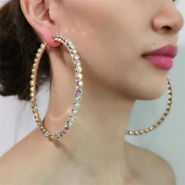 

hoop & huggie fashion bling rhinestone big earrings for women exquisite round circle aros aretes jewelry gift, Golden;silver
