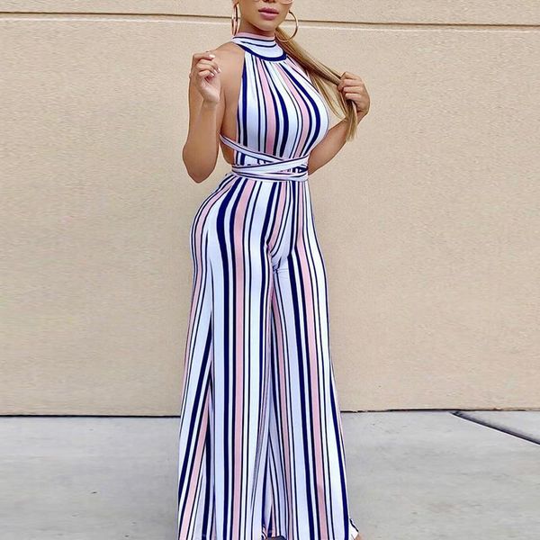 

gym clothing striped halter crisscross backless jumpsuit women maxi trouser wide leg pants jumpsuits casual romper, White;black