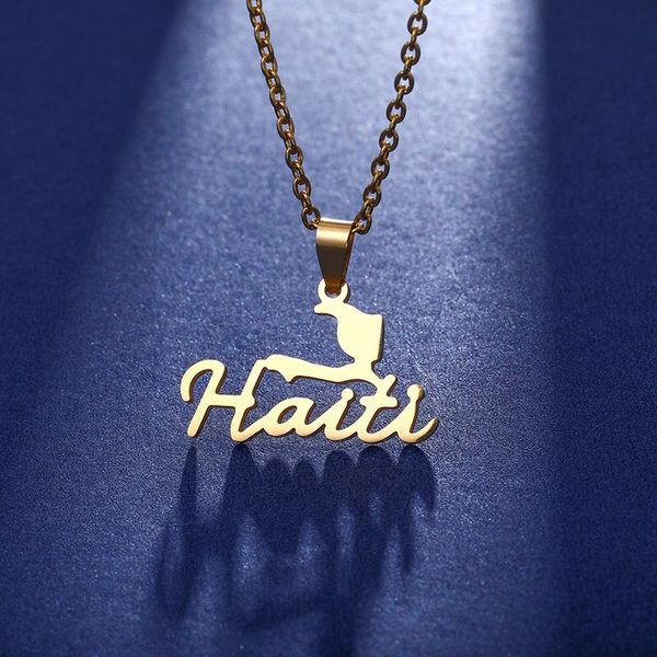 

Design Fashion HAITI Map Pendant Necklace Gold Color Stainless Steel Chain Country Women Statement Jewerly Charm Gift Necklaces, Silver