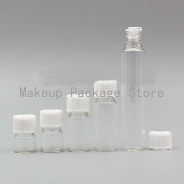 

50/100/200pcs/lot 1ml/2/3/5/10ml perfume essential oil bottles clear glass tube bottle white cap with ser plug for cosmetic storage & ja