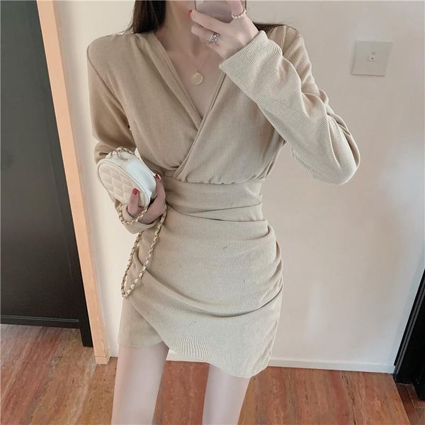 

casual dresses knit for women 2021 autumn korean fashion package hipthin irregular temperament tunic v-neck long sleeve dress, Black;gray