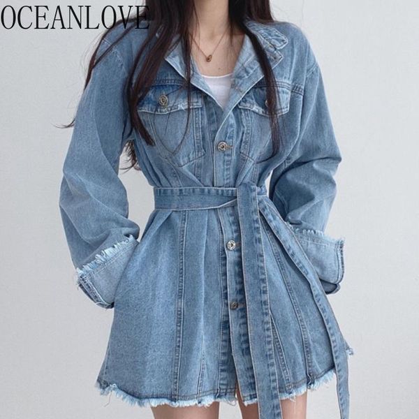

women's jackets oceanlove casaco feminino sashes bandage solid autumn winter vintage denim women frayed korean chic jaqueta feminina, Black;brown