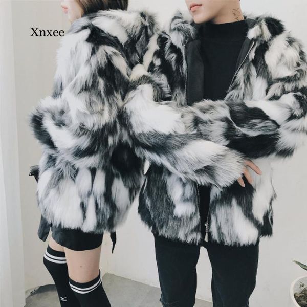 

women's fur & faux winter men women ink gradient hooded coat jacket casual loose warm coats streetwear thicken couple oversize outwear, Black