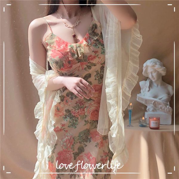 

french sweet vintage floral dress women casual spaghetti strap beach dress female summer office lady dress korean 210521, Black;gray