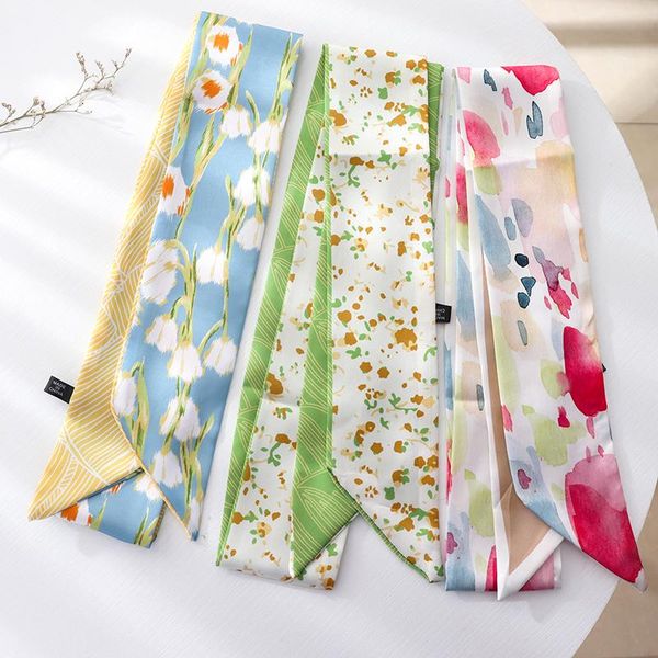 

scarves summer thin long small silk flower hair ribbon tied decorative scarf bag for women, Blue;gray