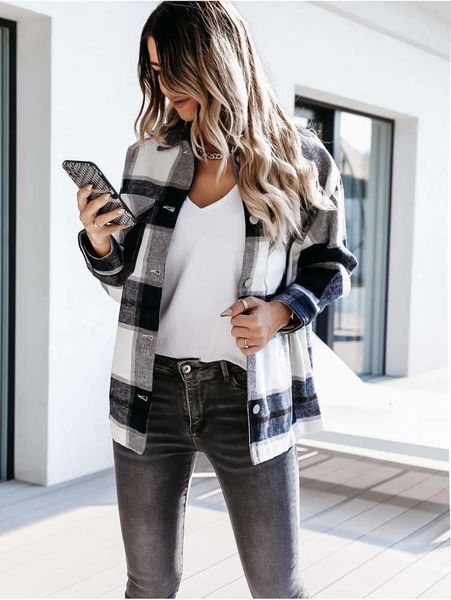 

women's winter pocket plaid shirt jacket, Black;brown