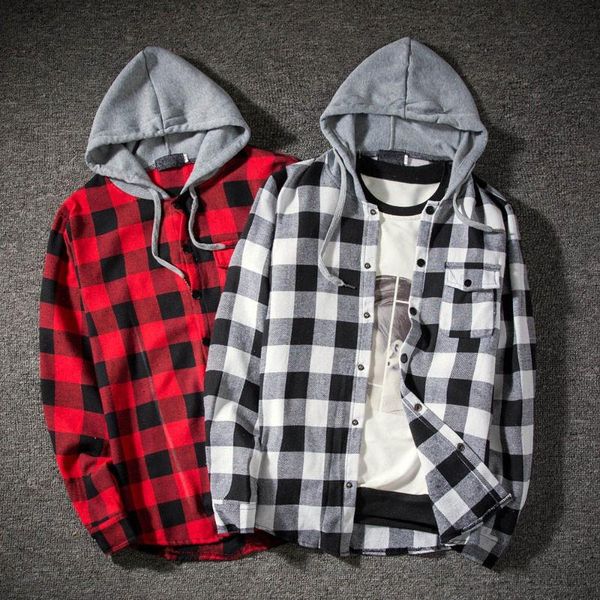 

men's casual shirts camisas masculina autumn plaid long sleeve pullover shirt hooded blouse collar male warm, White;black