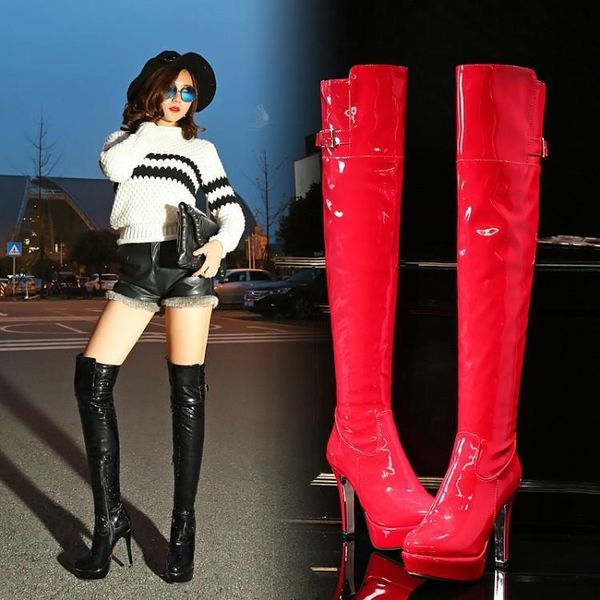 

boots long women's shoes patent leather, Black