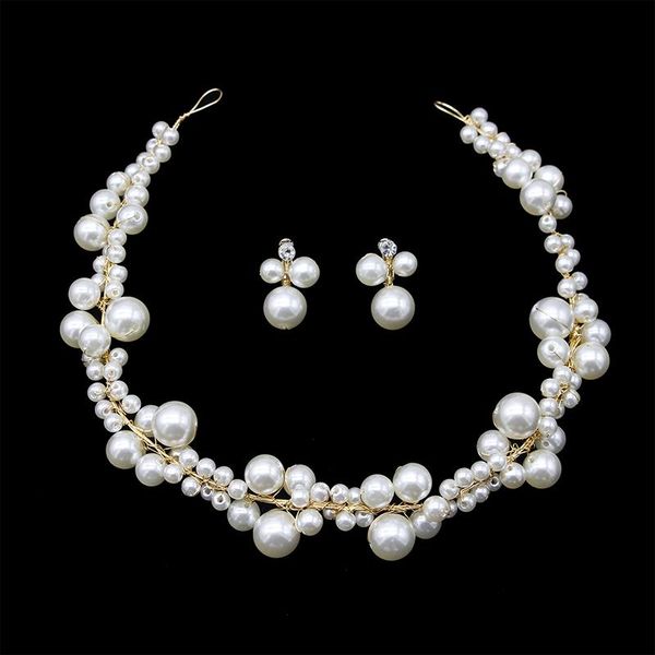 

earrings & necklace bridal pearl headband set headpiece wedding hair band ear accessories endq, Silver