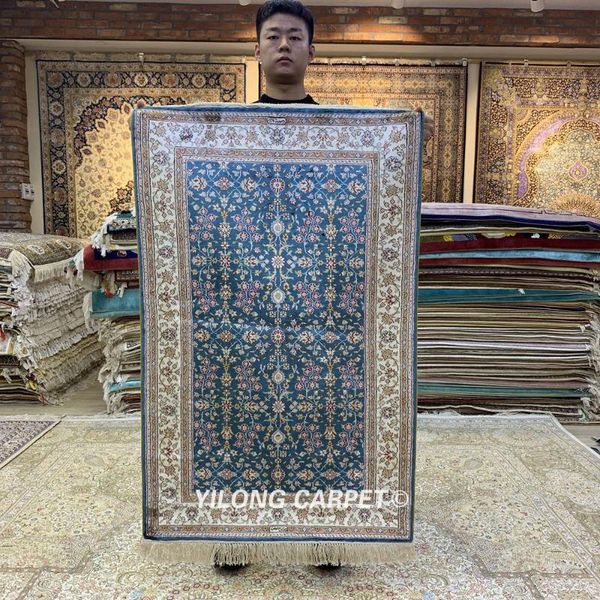 

yilong 2.5'x4' blue handwoven silk carpet antistatic kid friendly rug (hf183b) carpets