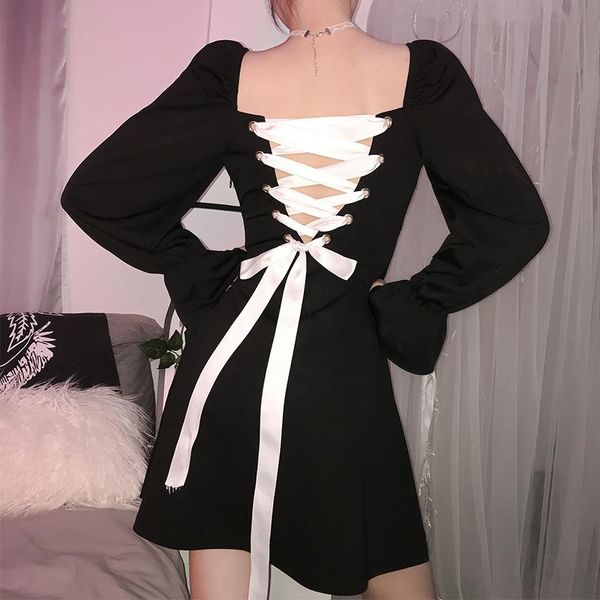 

backless lace up square collar elegant dress women long sleeve vintage casual dresses, Black;gray