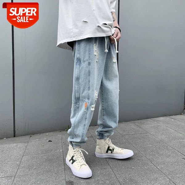 

2020 summer men's stretch slim fit skinny holes jeans classic style light blue color casual pants biker denim trousers -2xl #qy7v