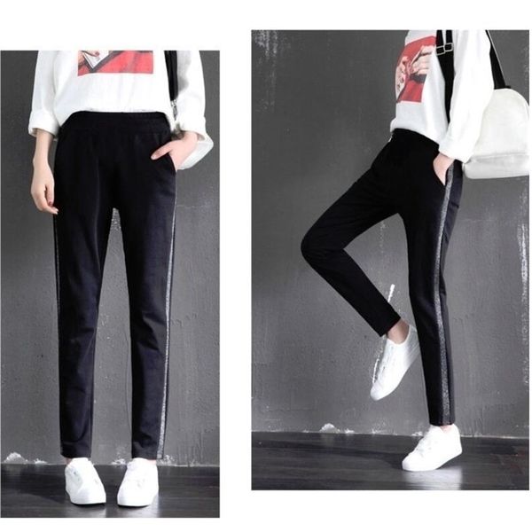 

zng new womens spring mid waist harem pants stripes printed long jogger trousers slim drawstring elastic pockets 200930, Black;white