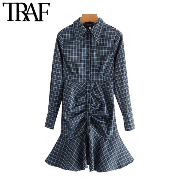 

women chic fashion with buttons pleated check mini dress vintage long sleeve back zipper female dresses vestidos 210507, Black;gray