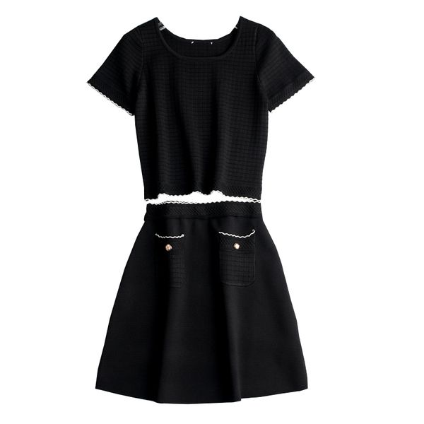 

white black solid pink short sleeve o neck elastic waist mini skirt two piece set summer women knitted t0176 210514