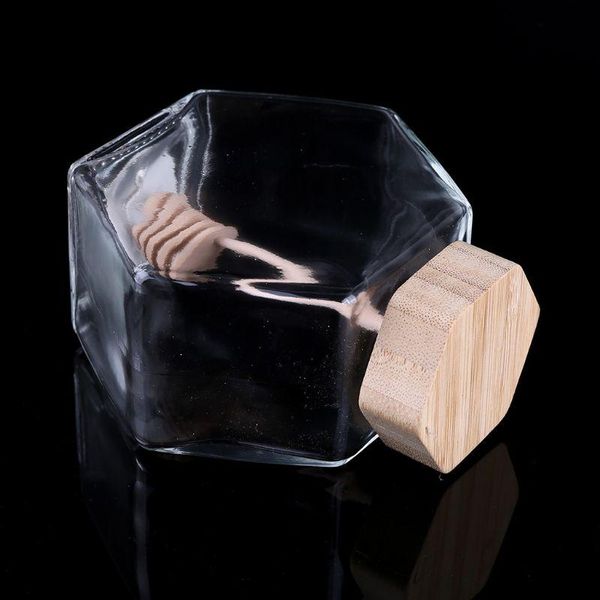 

220ml/380ml hexagonal glass honey bottle with wooden stirring rod d08f wine glasses