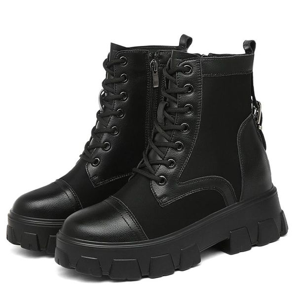 

women boots leather shoes square heels round toe autumn/winter thick bottom short ankle 2-9756, Black