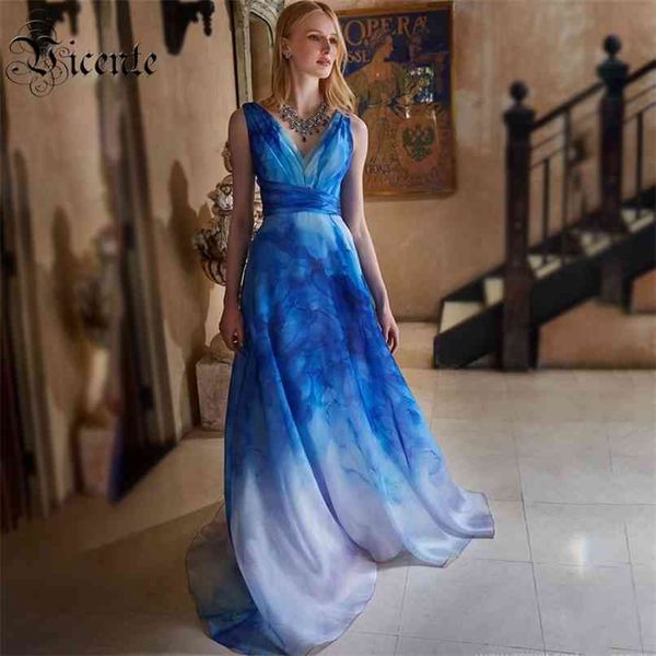 

chic gradient blue satin dress sleeveless v neck celebrity evening party long 210520, Black;gray