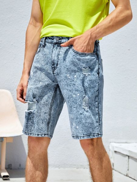 

men ripped denim bermuda shorts d881#, Blue
