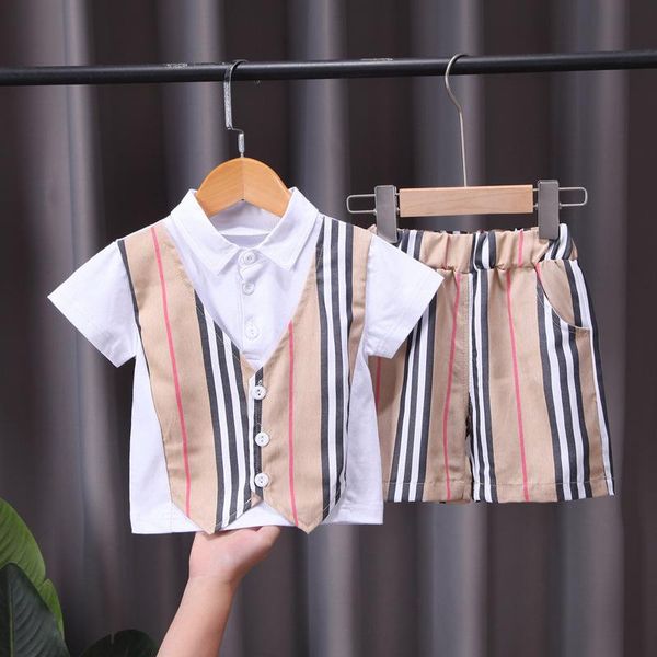 

clothing sets boys' half sleeve short summer suit shirt children's baby year old cute striped shorts +, White