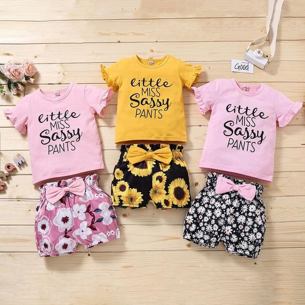 

born infant baby girls ruffled t-shirt +floral print shorts set outfits summer vogue clothes ropa clothing sets, White