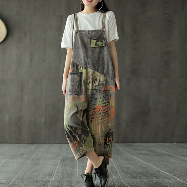 

johnature fashion retro hole print patchwork pockets denim jumpsuits summer loose leisure all-match women jumpsuits 210521, Black;white