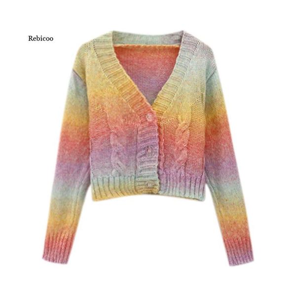

women's knits & tees autumn winter korean gentle wind jacket women short all-match rainbow striped knitted cardigan sweater, White