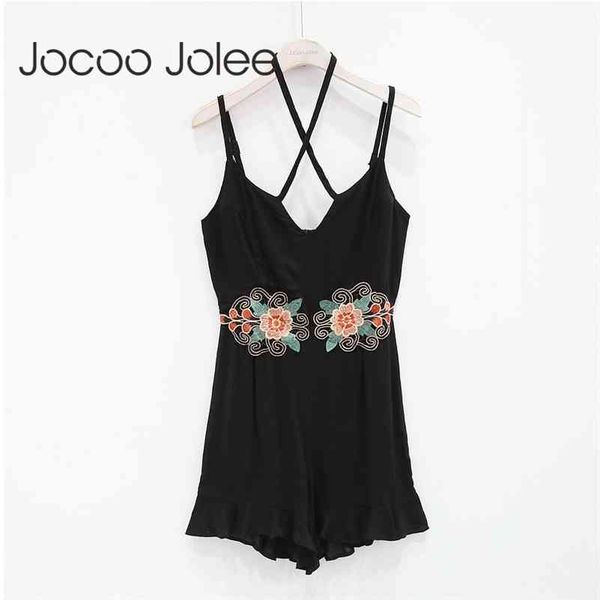 

summer embroidery rompers ruffle women hanging neck ladies jumpsuit beach female body romper playsuit 210416, Black;white