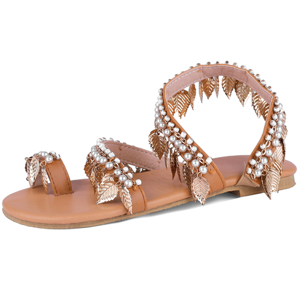 

sandals beach shoes women flat bohemian pearl beaded ladies for summer metal leaf sandalias de las mujeres 34-43 wsh3890, Black
