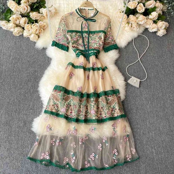 

summer runway green tulle patchwork women dress lace trims edge bow collar short sleeve slim heavy industry embroidered midi, Black;gray