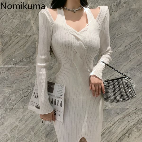 

nomikuma slim stretch bodycorn knitted vestido halter v-neck strapless long sleeve dress korean women sweater dresses 6d808 210427, Black;gray
