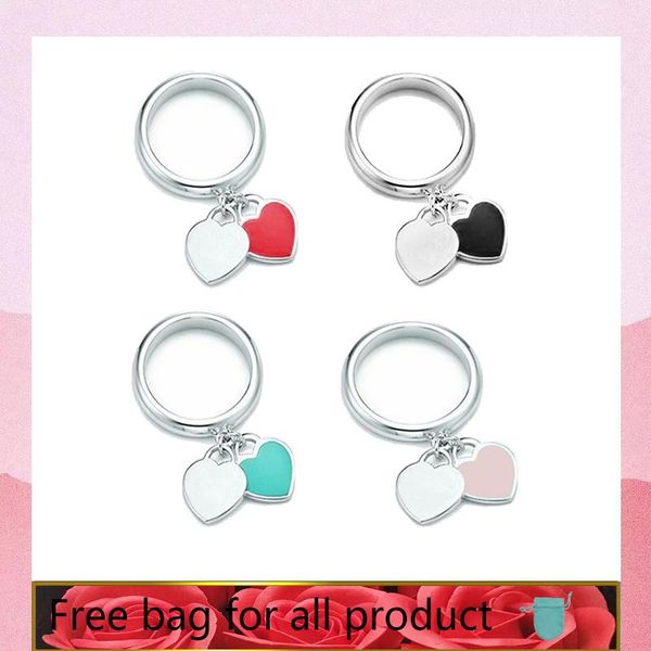 

women ring double heart pendant accessories enamel fashion silverware heart-shaped 925 sterling silver jewelry valentine's gift cluster, Golden;silver