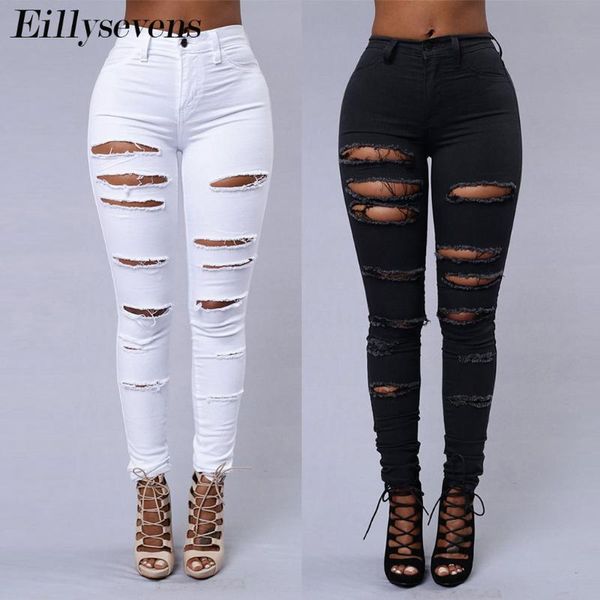 

est jeans women stretch ripped distressed skinny high waist denim pants pure color hole trousers slim jeggings women's, Blue